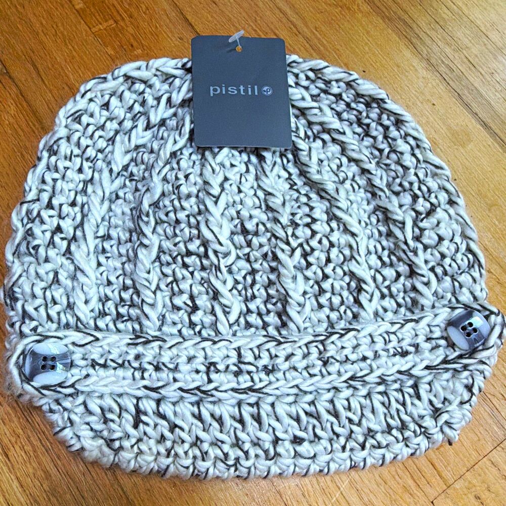 Pistil Clara Women's Knit Beanie Hat Ivory One Size Button Accents